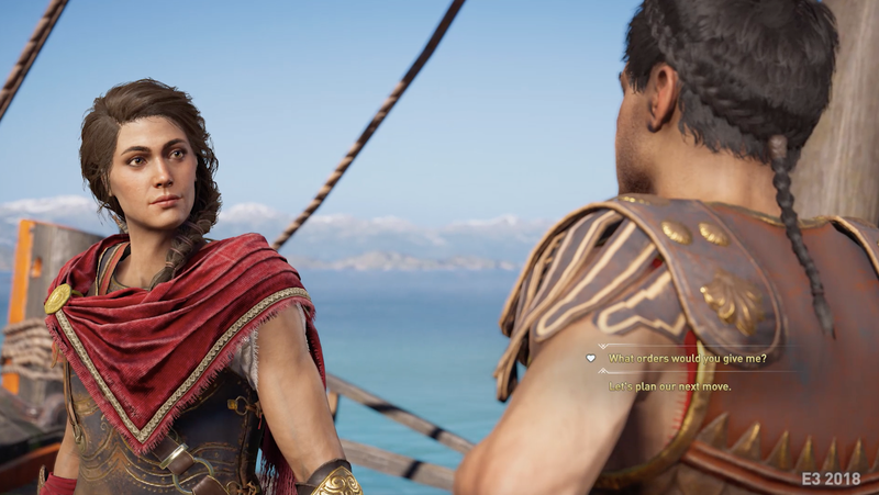 A romance dialogue option appears. See the heart next to one of the lines the player can choose? Kassandra has just made a crack about Thaletas’ speech. He’s pridefully shot back that he gives orders, not speeches. She (and the player) get a chance to flirt over that.